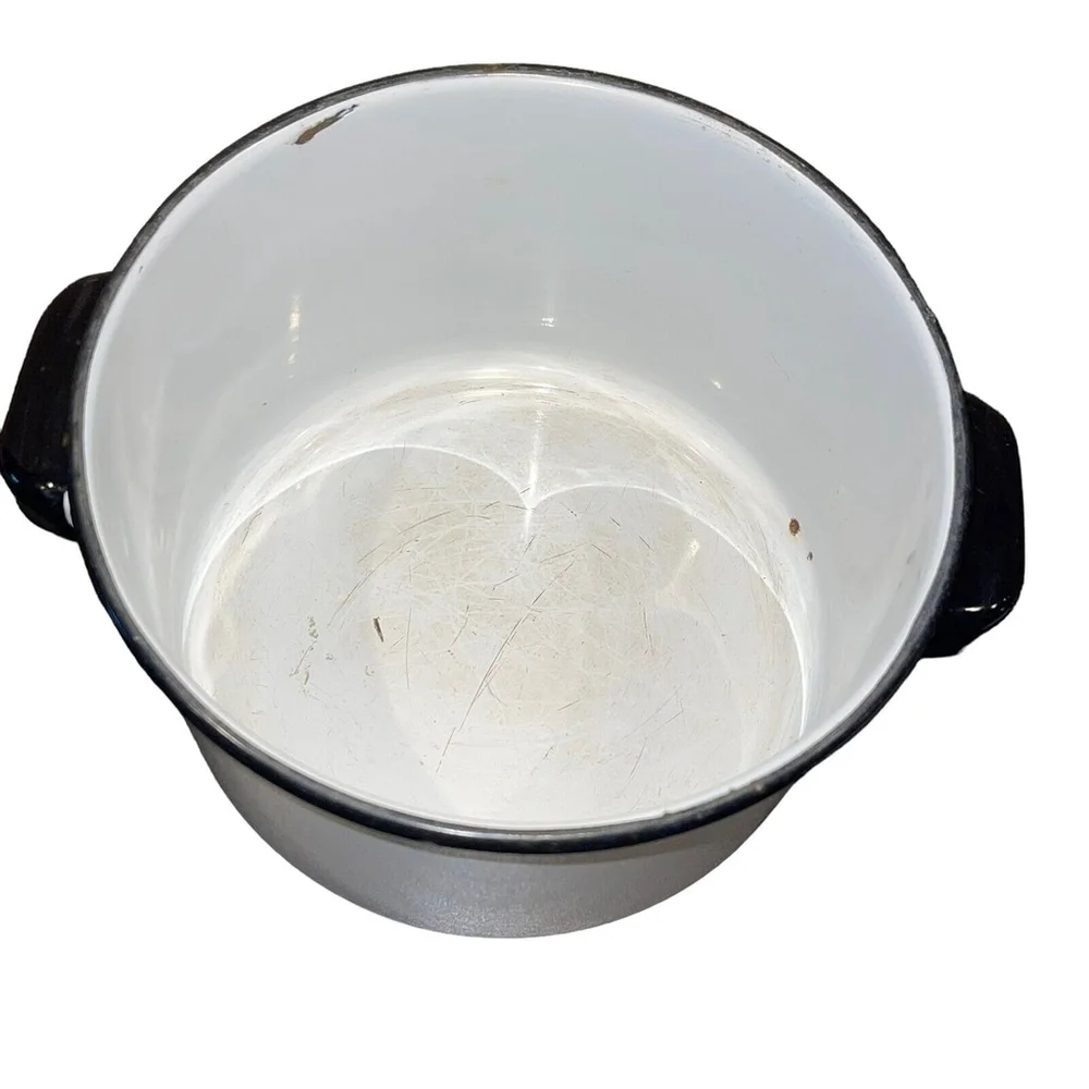 Vintage Rustic Medium Enamelware Black and White Crock Pot w Lid Decoration Only